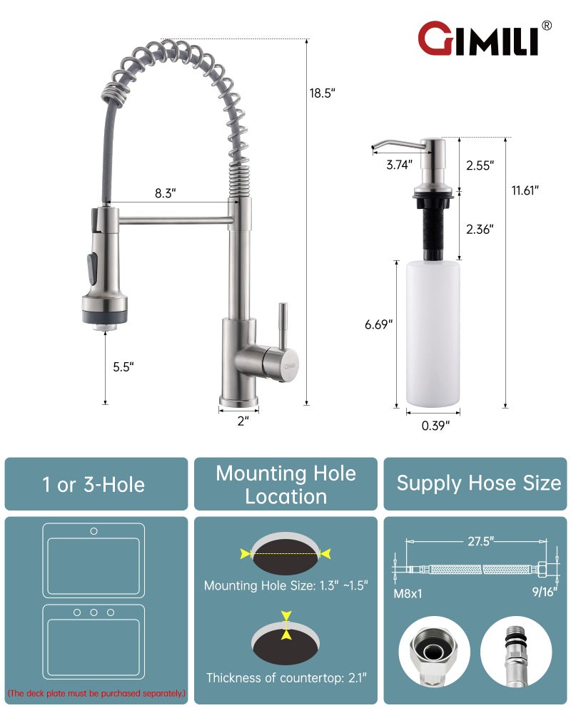 GIMILI LED Kitchen Faucet with Soap Dispenser, Modern Single Handle Spring Kitchen Sink Faucets with Pull Down Sprayer - Image 2